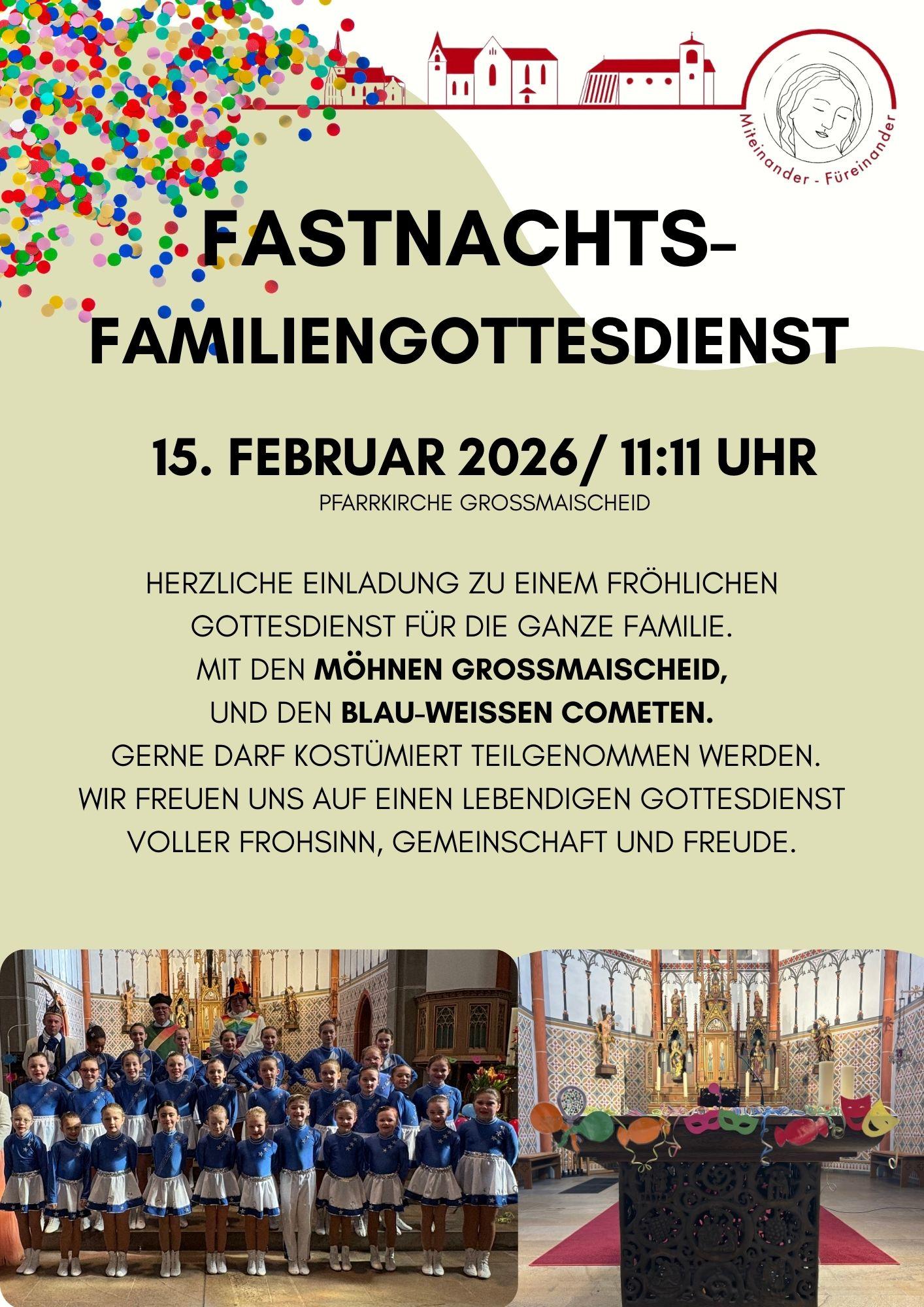 Das Plakat zeigt neben den Informationen verschiedene Bilder: Konfetti, die Kindergarde Blau-Weiß-Kometen in der Pfarrkirche Großmaischeid, sowie den karnevalistisch geschmückten Altar ebendort.