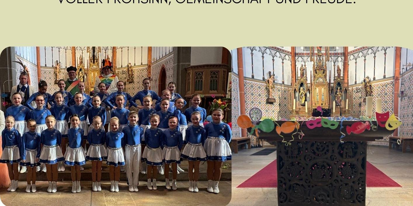 Das Plakat zeigt neben den Informationen verschiedene Bilder: Konfetti, die Kindergarde Blau-Weiß-Kometen in der Pfarrkirche Großmaischeid, sowie den karnevalistisch geschmückten Altar ebendort.