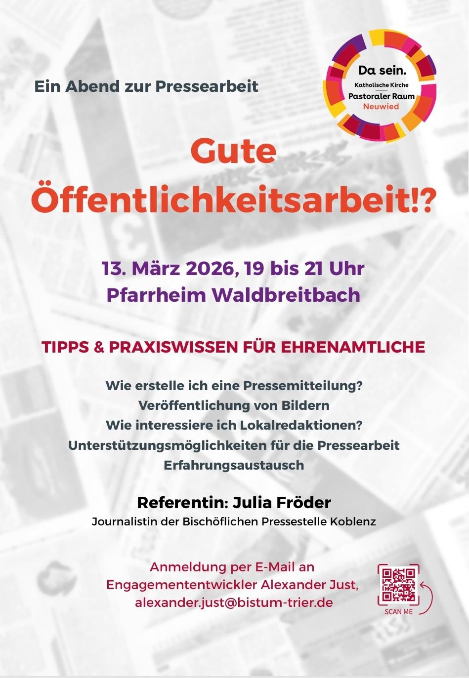 Das Plakat zeigt die Infos zur Fortbildung, das Logo des Pastoralen Raumes Neuwied. Im Hintergrund lassen sich Zeitungen erahnen.