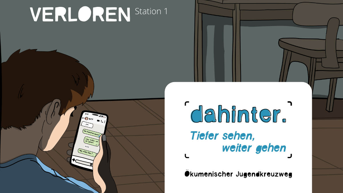 Auf einer comicartigen Darstellung schaut ein Jugendlicher auf sein Smartphone. Ein Plakat an der Zimmerwand sagt: 'Don't stop - keep going'. Die eingeschaltete Schreibtischlampe beleuchte in dem abgedunkeltem Zimmer einen Kaktus.