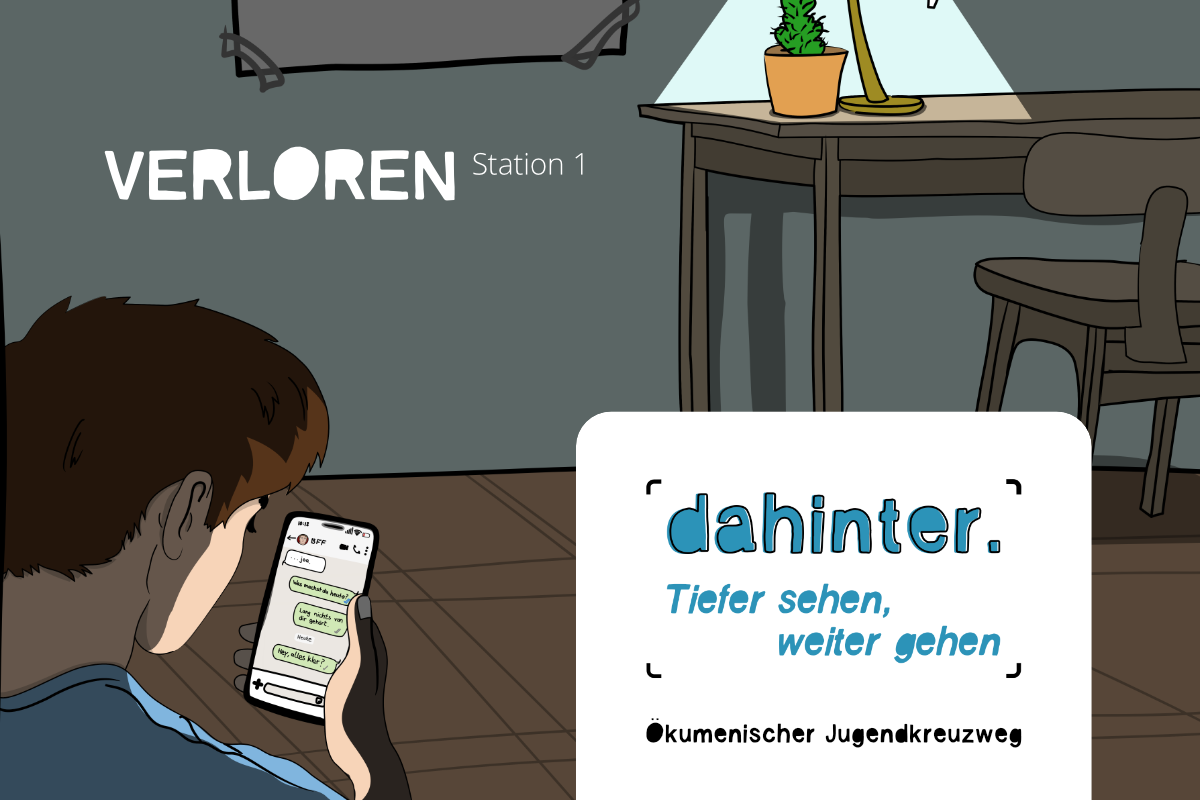 Auf einer comicartigen Darstellung schaut ein Jugendlicher auf sein Smartphone. Ein Plakat an der Zimmerwand sagt: 'Don't stop - keep going'. Die eingeschaltete Schreibtischlampe beleuchte in dem abgedunkeltem Zimmer einen Kaktus.