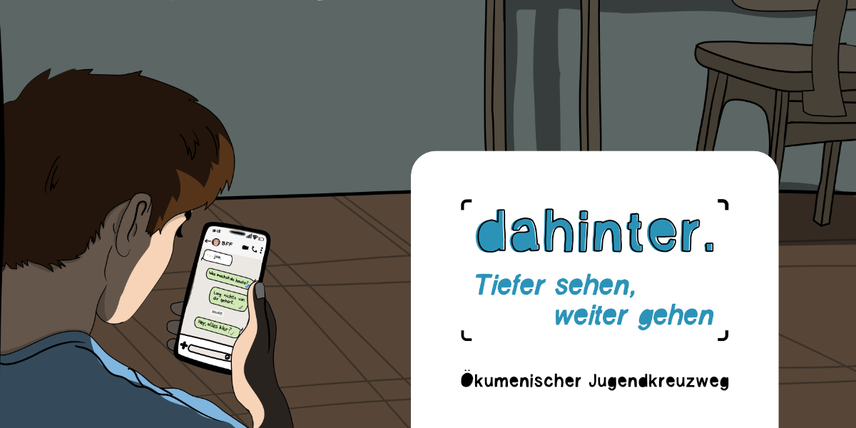 Auf einer comicartigen Darstellung schaut ein Jugendlicher auf sein Smartphone. Ein Plakat an der Zimmerwand sagt: 'Don't stop - keep going'. Die eingeschaltete Schreibtischlampe beleuchte in dem abgedunkeltem Zimmer einen Kaktus.