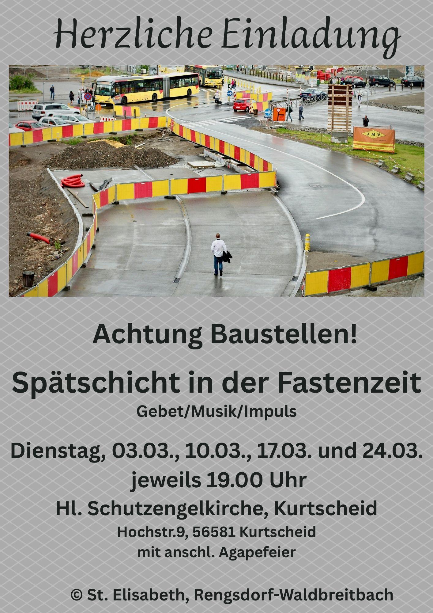 Das Bild zeigt eine Umleitung um eine Baustelle, die mit rot-gelben Banden gekennzeichnet ist.