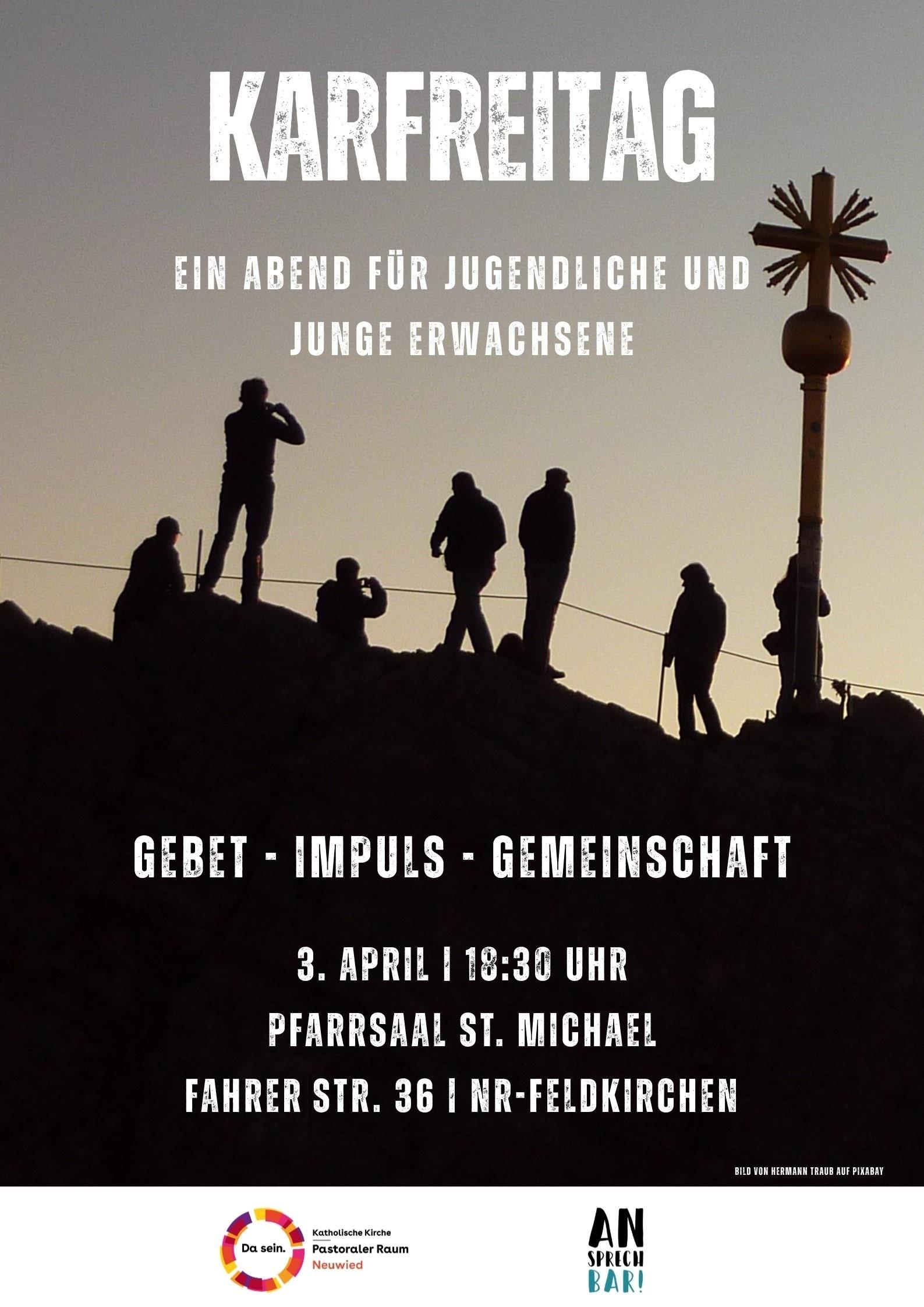 Das Plakat zeigt neben den Informationen zur Veranstaltung und den Logos des Pastoralen Raumes Neuwied und der AnSprechBar die Schattenumrissen von sieben Personen, die in der Nähe eines Gipfelkreuzes stehen.