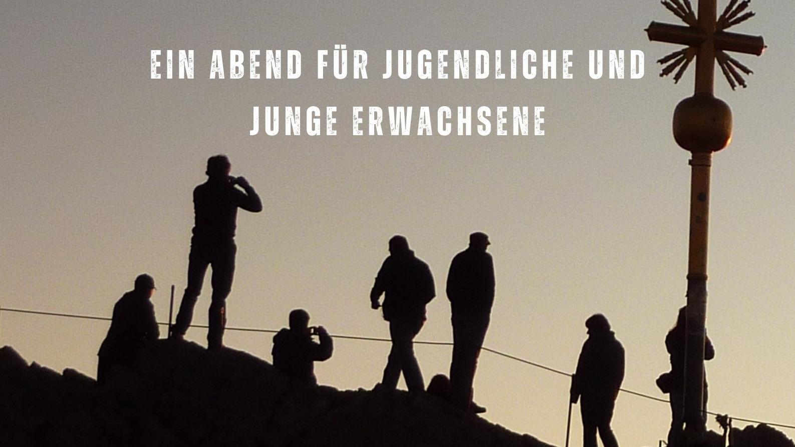 Das Plakat zeigt neben den Informationen zur Veranstaltung und den Logos des Pastoralen Raumes Neuwied und der AnSprechBar die Schattenumrissen von sieben Personen, die in der Nähe eines Gipfelkreuzes stehen.