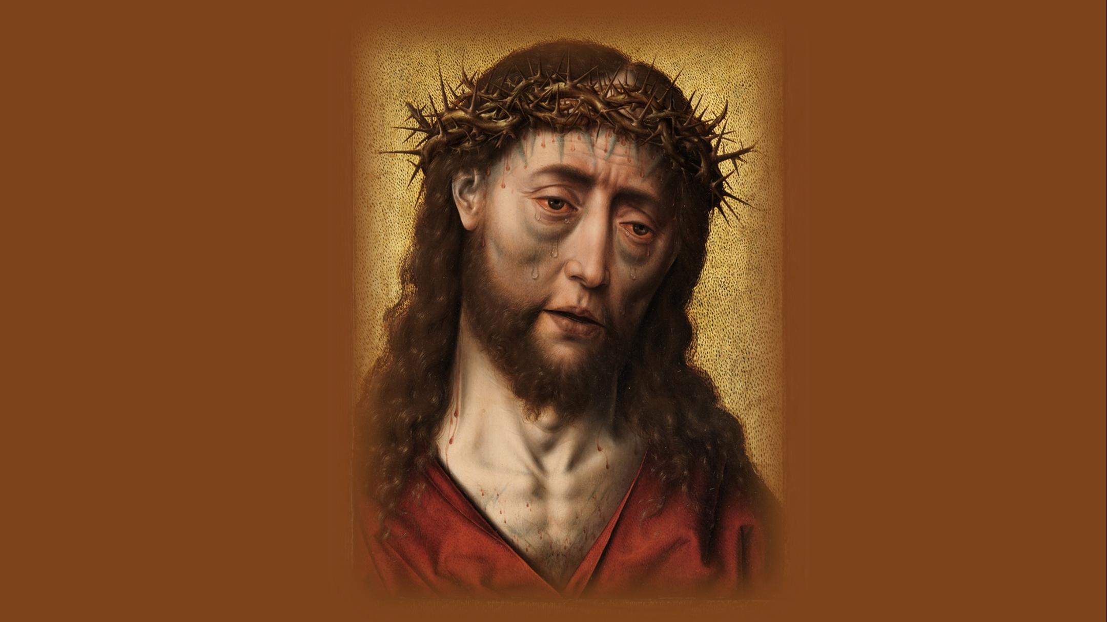 Das in Brauntönen gehaltene Plakat zeigt neben den Information zur Veranstaltung eine ikonische Darstellung eines Jesuskopfes als Schmerzensmann mit Dornenkrone.