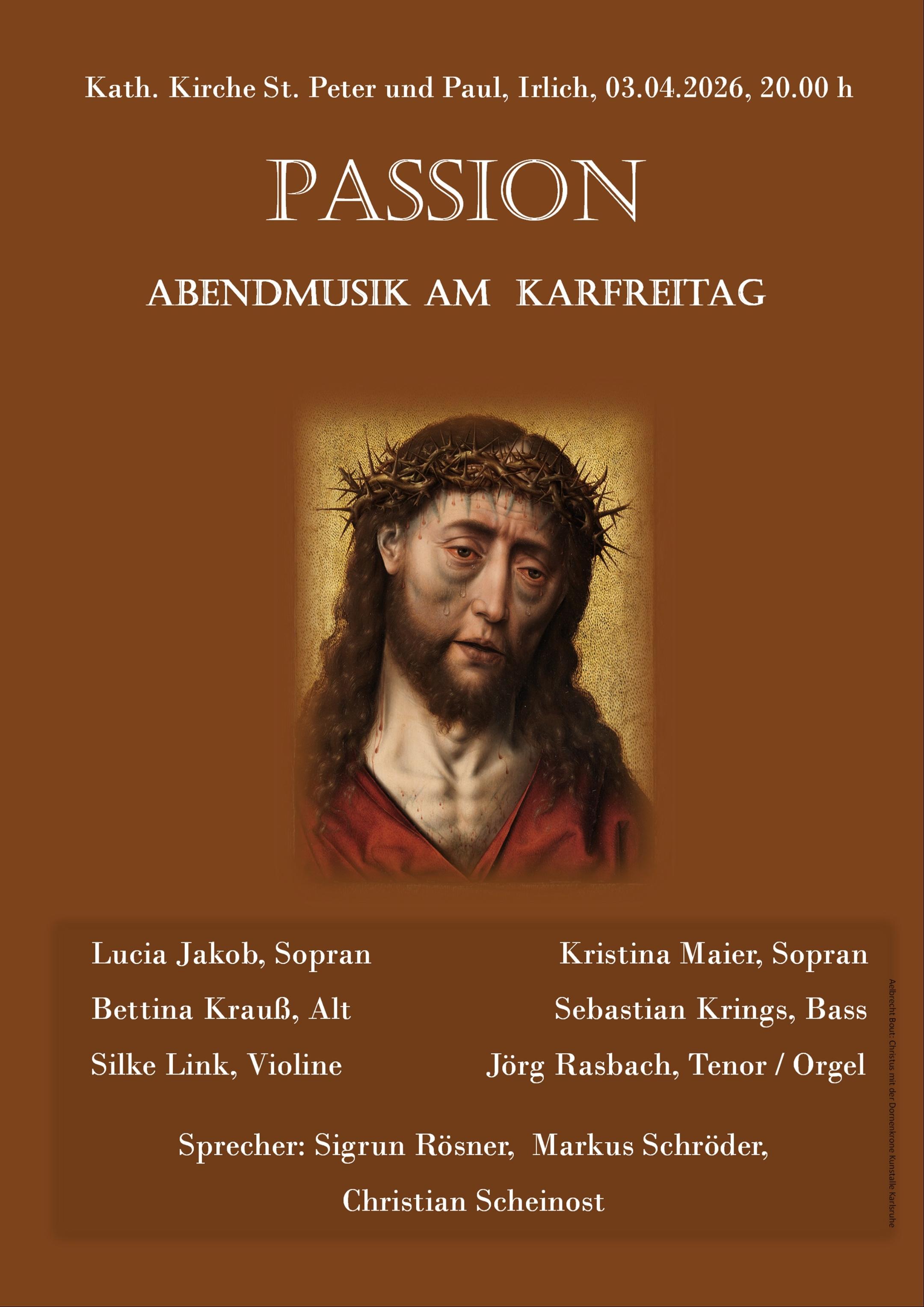 Das in Brauntönen gehaltene Plakat zeigt neben den Information zur Veranstaltung eine ikonische Darstellung eines Jesuskopfes als Schmerzensmann mit Dornenkrone.