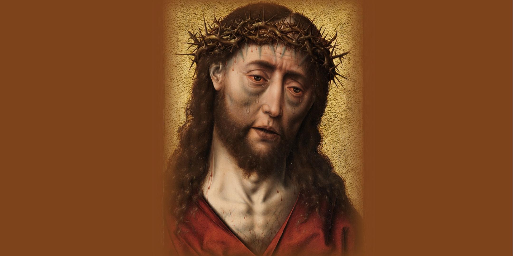 Das in Brauntönen gehaltene Plakat zeigt neben den Information zur Veranstaltung eine ikonische Darstellung eines Jesuskopfes als Schmerzensmann mit Dornenkrone.