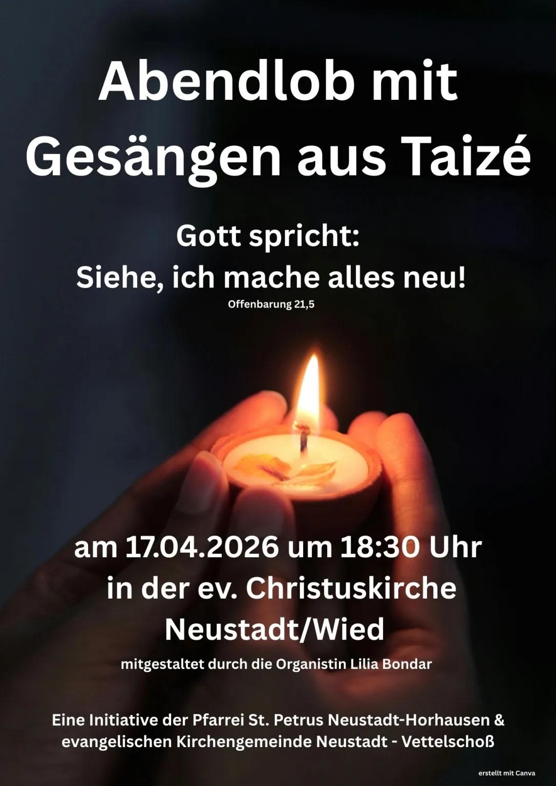 Das Plakat zeigt neben den Informationen zwei Hände, die im Dunkeln ein brennendes Teelicht zeigen.