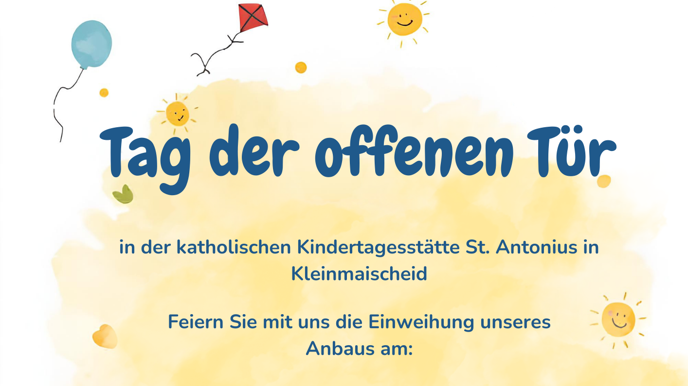 Das Plakat ist mit bunten Händen, sowie kleinen Sonnen mit Gesichtern, Luftballon und Papierdrachen gestaltet.