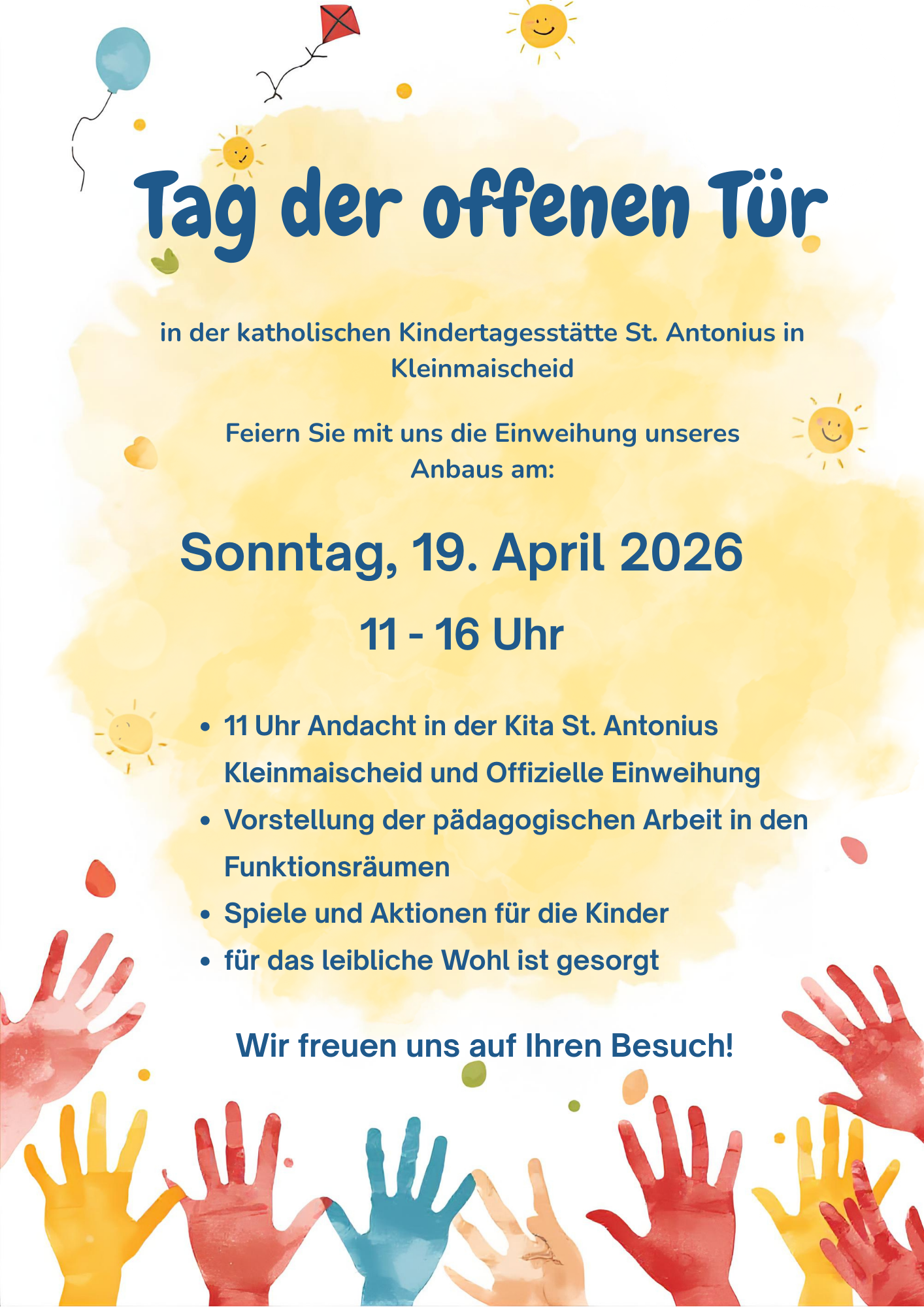Das Plakat ist mit bunten Händen, sowie kleinen Sonnen mit Gesichtern, Luftballon und Papierdrachen gestaltet.