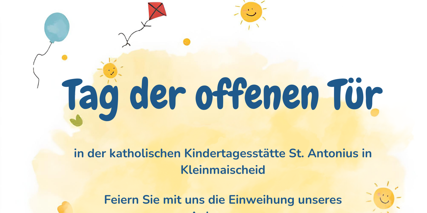 Das Plakat ist mit bunten Händen, sowie kleinen Sonnen mit Gesichtern, Luftballon und Papierdrachen gestaltet.