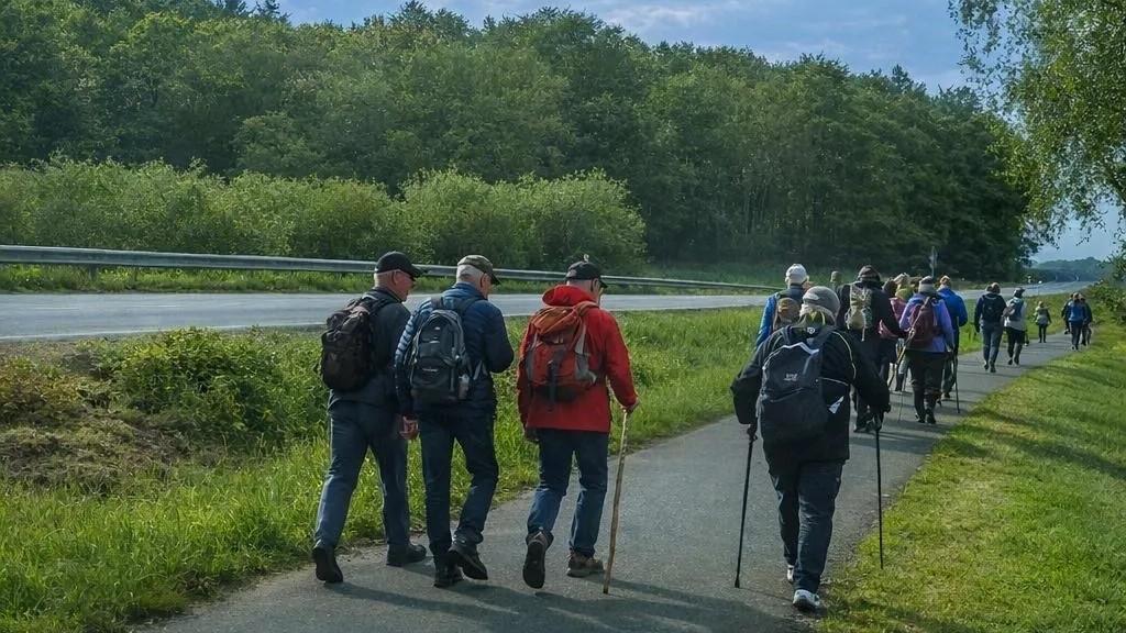 Das Plakat zeigt neben den Informationen eine große Pilgergruppe, die auf einem asphaltierten Weg entlang einer Straße geht.