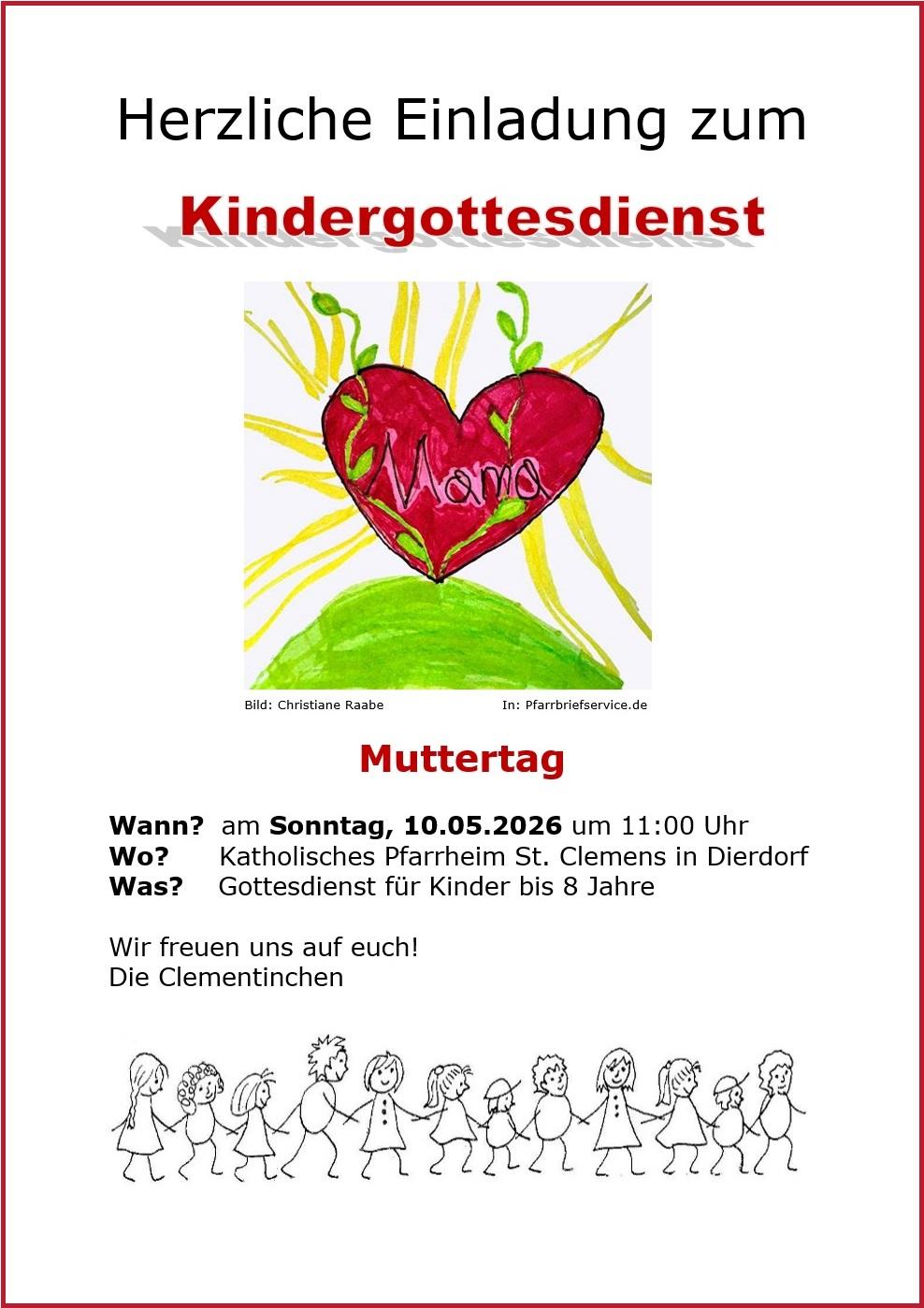 Das Plakat zeigt neben den Informationen zum Kindergottesdienst ein mit Filzstiften gemaltes Kinderbild mit einem aus einem hellgrünen Hügel wachsendem roten Herzen mit gelben Strahlen, das den Namen 'Mama' trägt.
