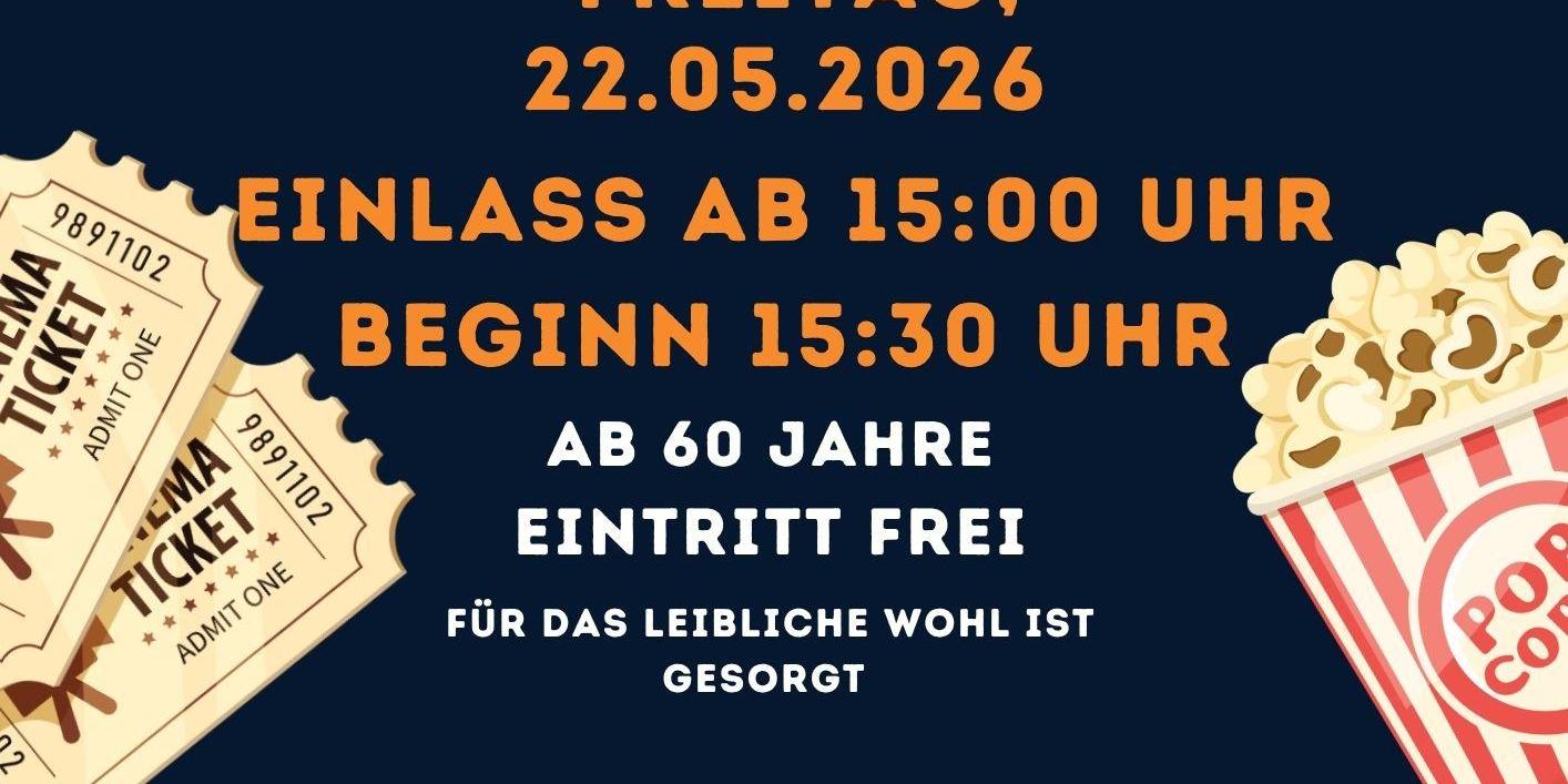 Das Plakat zeigt im Hintergrund auf dunkelblauen Untergrund einen roten Theatervorhang, drei Sitzreihen mit roten Sesseln, sowie zwei Tickets und eine Popcorn-Tüte.