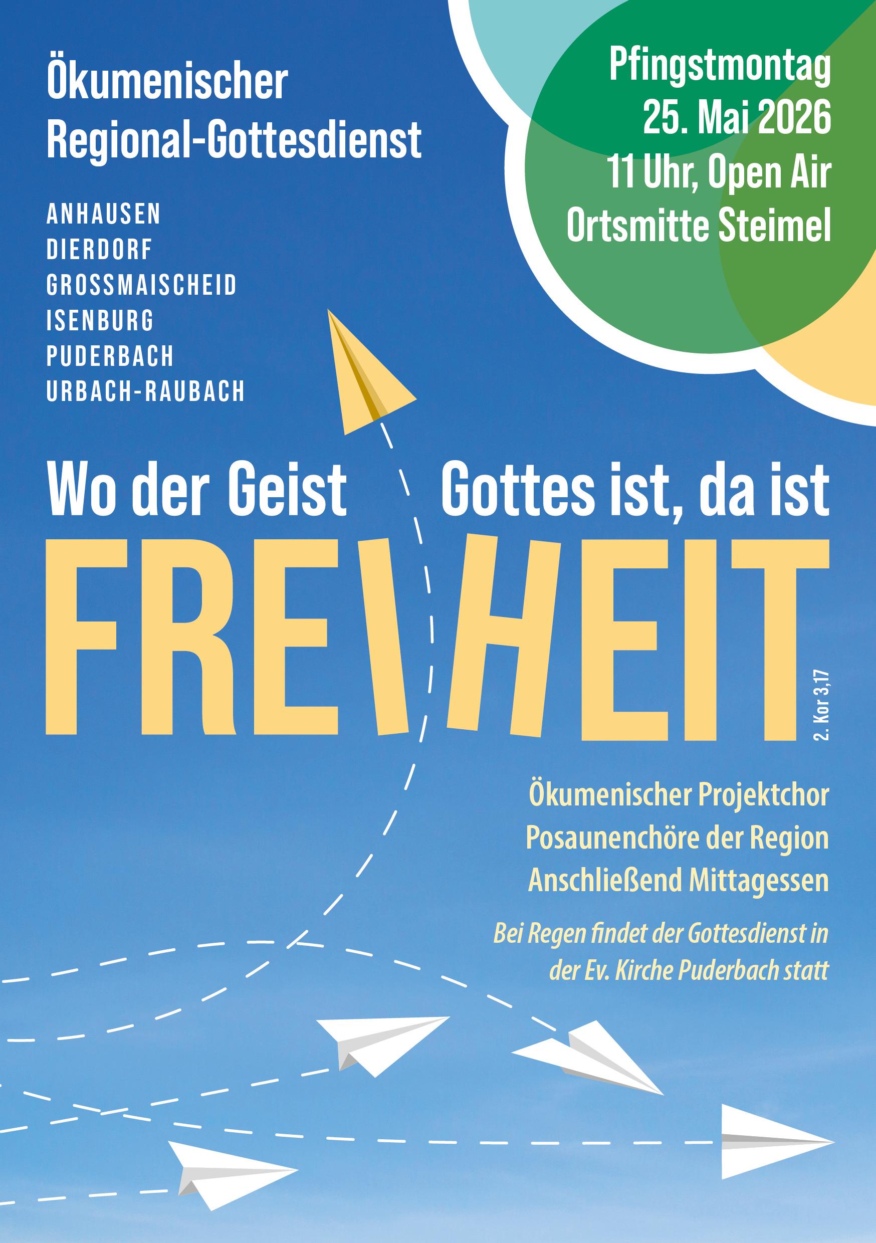 Das in blauen Farben gehaltene Plakat zeigt, neben den Informationen zum Gottesdienst, einige Papierflieger mit schraffierten Flugbahnen.
