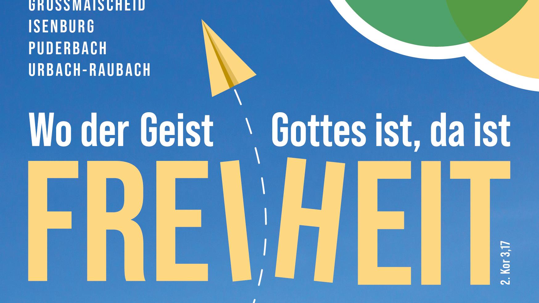 Das in blauen Farben gehaltene Plakat zeigt, neben den Informationen zum Gottesdienst, einige Papierflieger mit schraffierten Flugbahnen.