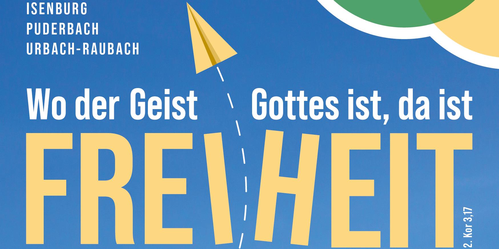 Das in blauen Farben gehaltene Plakat zeigt, neben den Informationen zum Gottesdienst, einige Papierflieger mit schraffierten Flugbahnen.