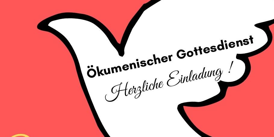 Das Plakat hat einen roten Hintergrund von dem sich der Text in gelber und weißer Schrift abhebt. Der Umriss einer weißen Taube erinnert an Pfingsten.