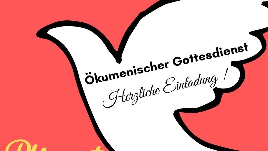 Das Plakat hat einen roten Hintergrund von dem sich der Text in gelber und weißer Schrift abhebt. Der Umriss einer weißen Taube erinnert an Pfingsten.