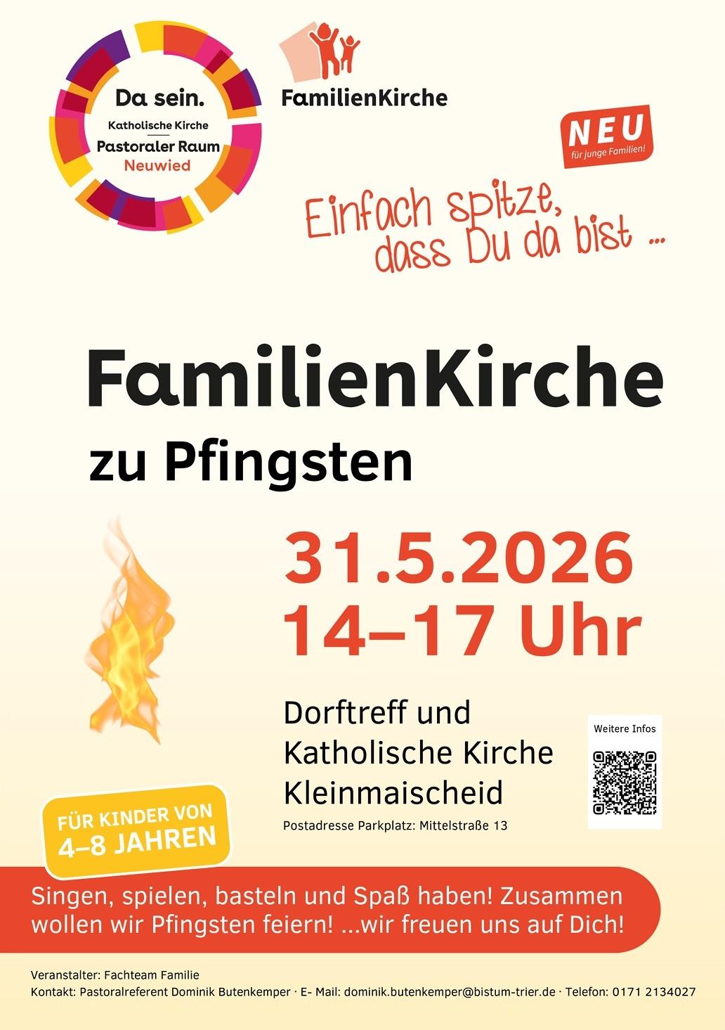 Das Plakat in gelb-orange Tönen zeigt neben den Informationen verschiedene Grafiken: Das Logo der Familienkirche und eine Flamme.