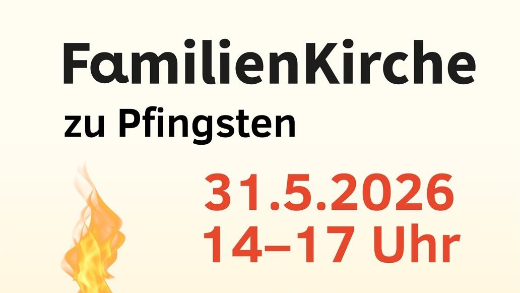 Das Plakat in gelb-orange Tönen zeigt neben den Informationen verschiedene Grafiken: Das Logo der Familienkirche und eine Flamme.
