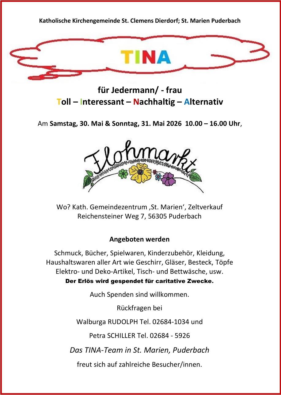 TINA-Flohmarkt in Puderbach: 30. und 31. Mai 2026