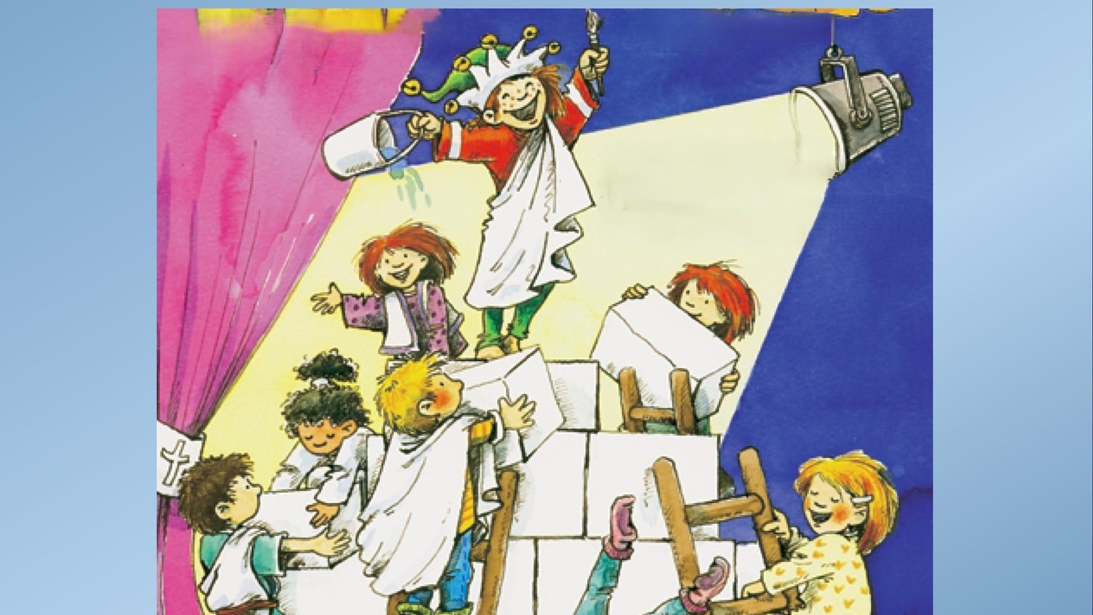 Neben den Informationen zum Bibel-Musical ist auf dem Plakat ein Bild zu finden, auf dem Kinder mit weißen Umhängen und Leitern ausgerüstet, im Scheinwerferlicht große weiße Bausteine zu einer Mauer aufrichten.