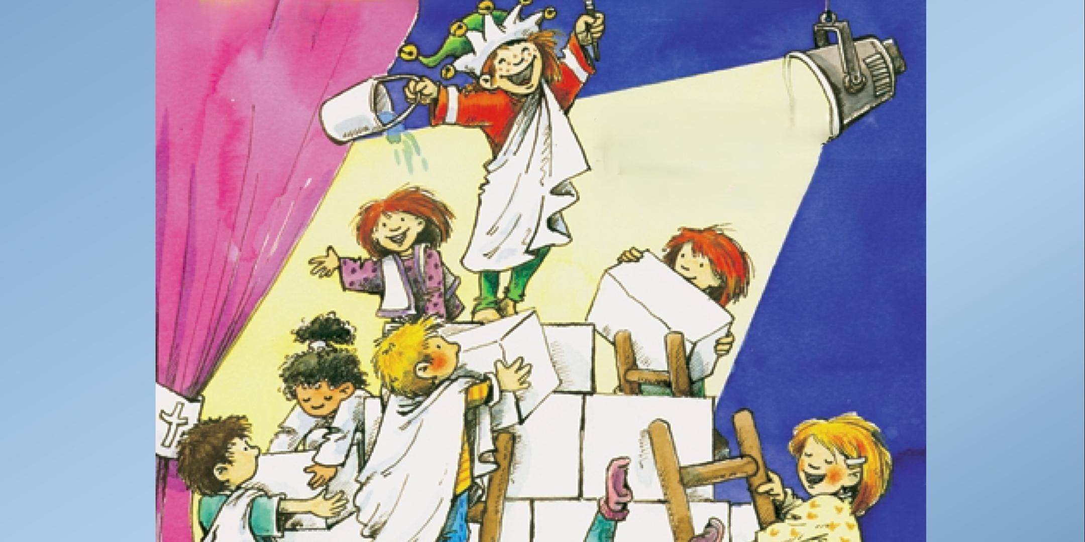 Neben den Informationen zum Bibel-Musical ist auf dem Plakat ein Bild zu finden, auf dem Kinder mit weißen Umhängen und Leitern ausgerüstet, im Scheinwerferlicht große weiße Bausteine zu einer Mauer aufrichten.