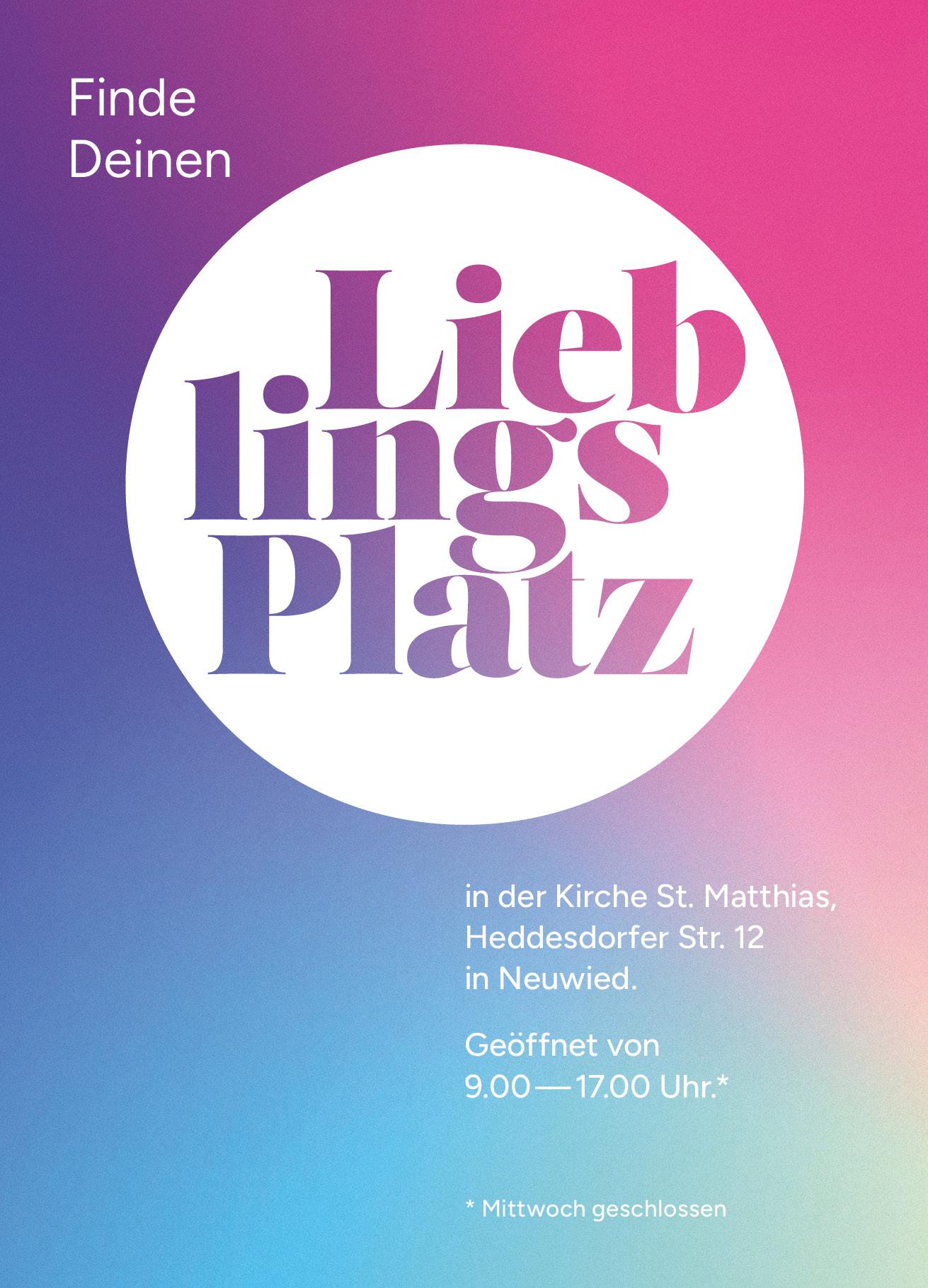 Der erste Teil des Flyers zeigt die Adresse und die Öffnungszeiten auf pink-blauem Hintergrund. (c) Pfarrei Neuwied St. Matthias Der erste Teil des Flyers zeigt die Adresse und die Öffnungszeiten auf pink-blauem Hintergrund.