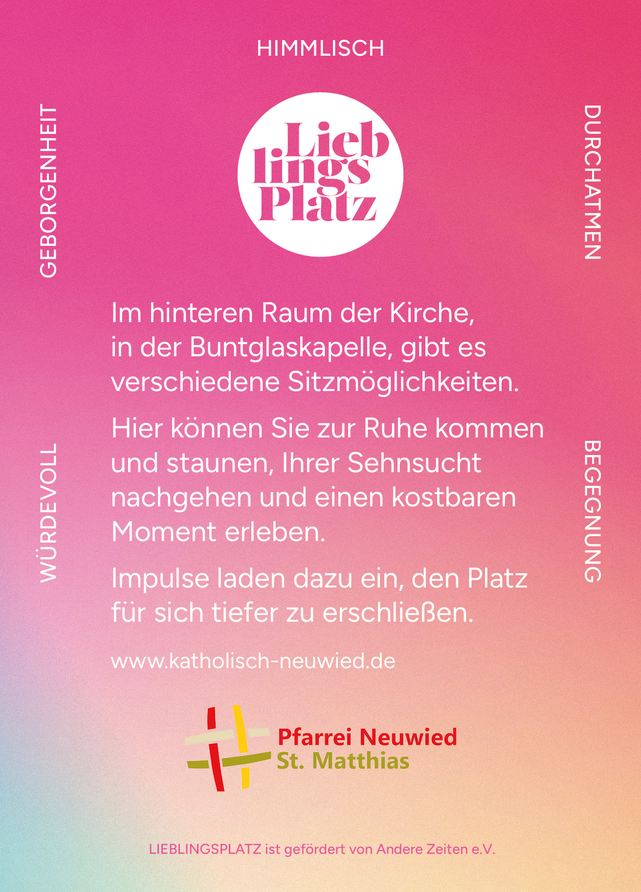 Der zweite Teil des Flyers gibt detaillierte Infos auf pink-blauem Hintergrund. (c) Pfarrei Neuwied St. Matthias Der zweite Teil des Flyers gibt detaillierte Infos auf pink-blauem Hintergrund.