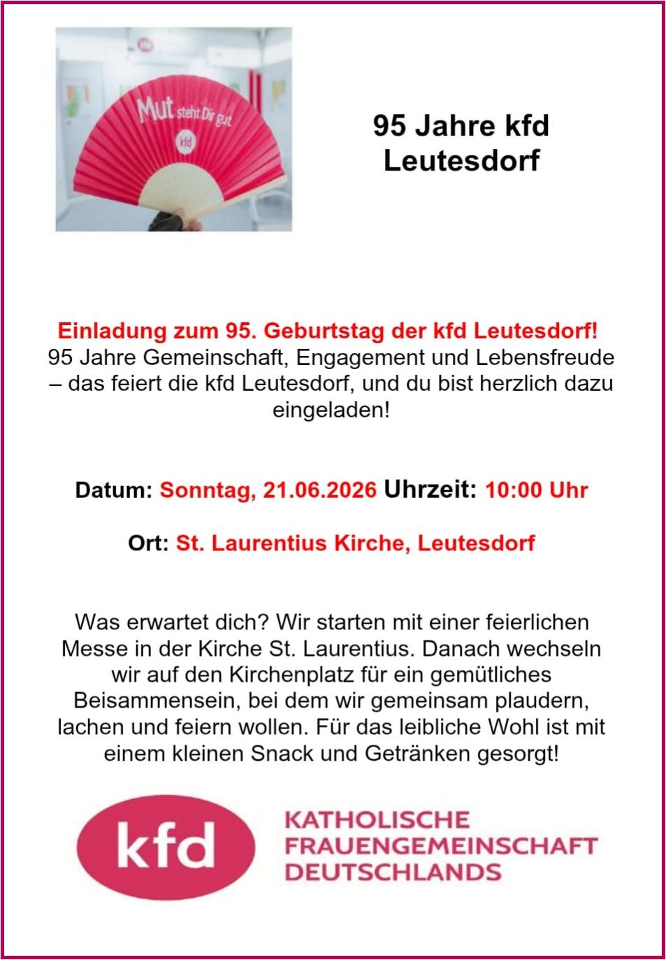 Das Plakat zeigt neben den Informationen zur Veranstaltungen das Bild eines Handfächers in rot-weiß mit den Worten: 'Mut steht dir gut. kfd'