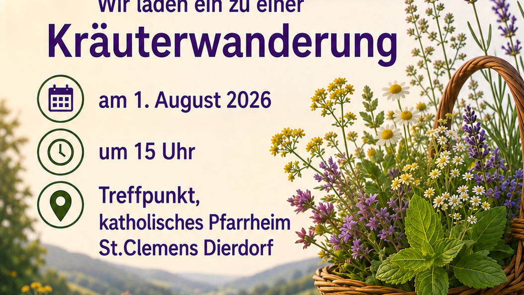 Das Plakat zeigt neben den Informationen zur Veranstaltungen den verschwommenen Blick in ein Wiesental und im Vordergrund rechts einen Weiden-Henkel-Korb mit verschiedenen blühenden Kräutern.