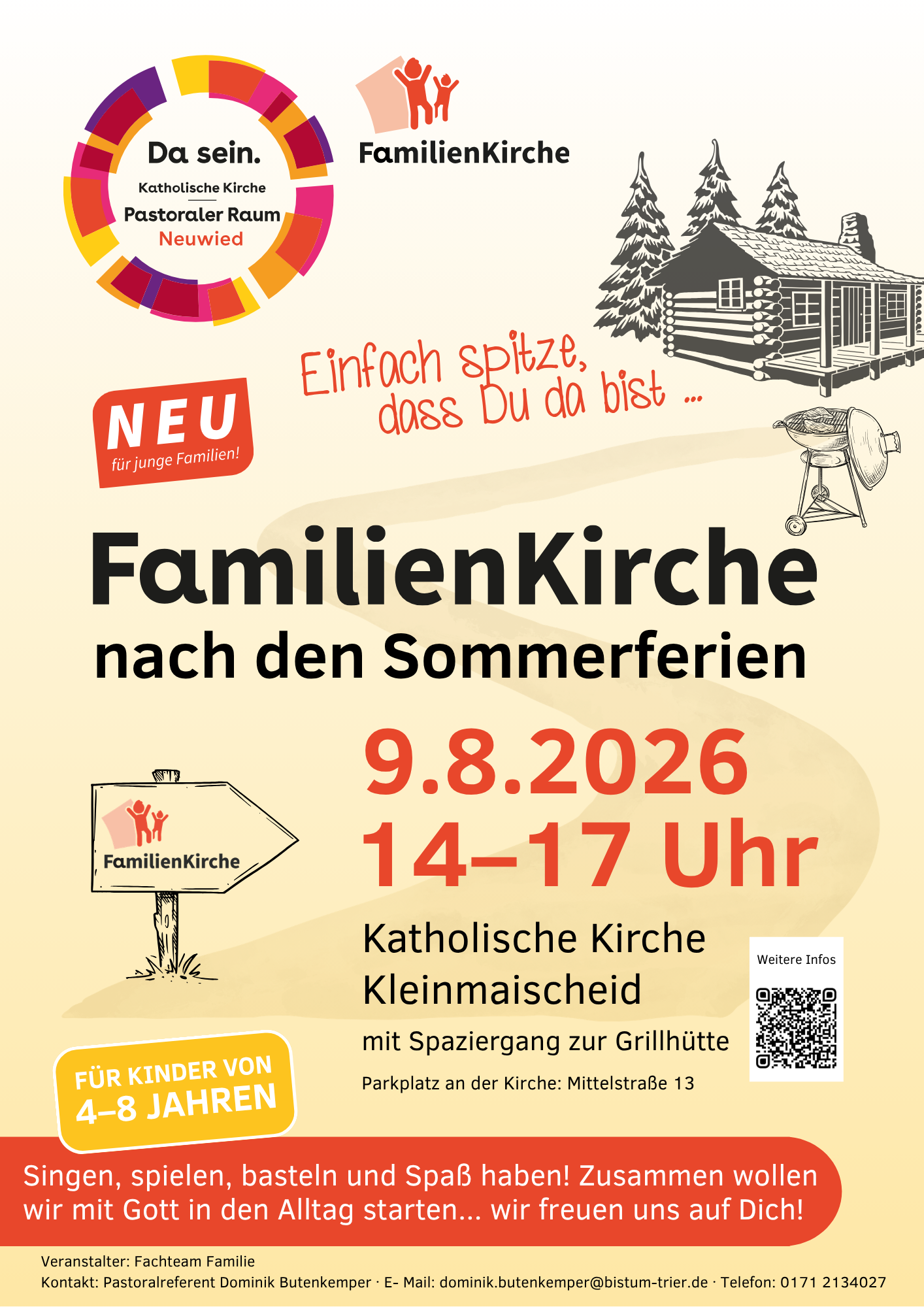 Das Plakat zeigt neben den Informationen zur Veranstaltungen u. a. die Grafiken einer Grillhütte, eines Kugelgrills, eines Wegweisers.