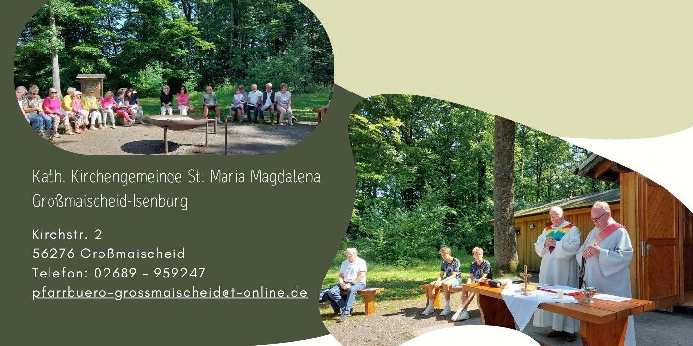 Das Plakat zeigt neben den Informationen zum Waldgottesdienst auf grünem Hintergrund zwei Bilder: Menschen sitzen im Wald auf Bänken im Kreis, Priester und Diakon zelebrieren hinter einem schlichten Altartisch im Wald.