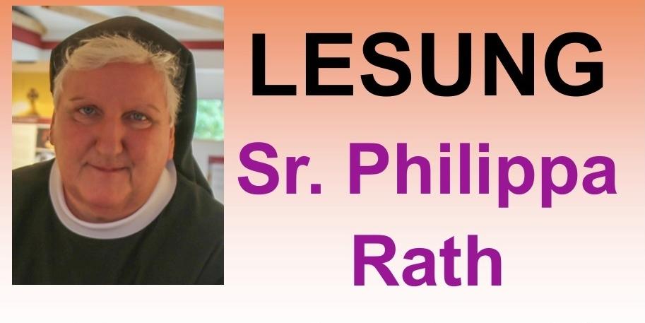 Das Plakat zeigt neben den Informationen das Portrait von Sr. Philippa Rath, einer weißhaarigen Ordensfrau mit rundem Gesicht und gütigen und zugleich energischen Augen.