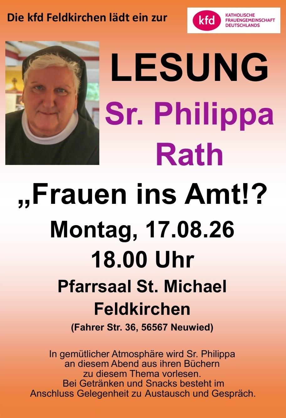 Das Plakat zeigt neben den Informationen das Portrait von Sr. Philippa Rath, einer weißhaarigen Ordensfrau mit rundem Gesicht und gütigen und zugleich energischen Augen.