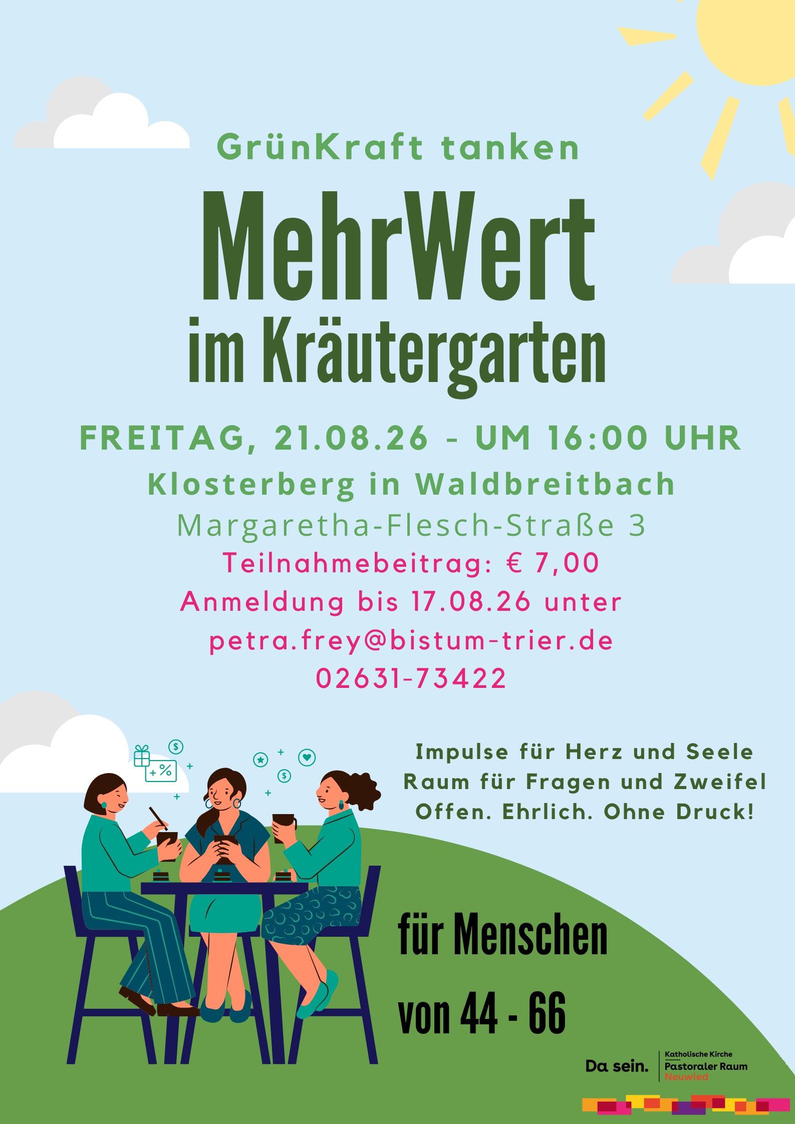 Das Plakat zeigt neben den Informationen zur Veranstaltungen u. a. die Grafik von drei Frauen, die auf Barhockern an einem Tisch sitzen, vor einem grünen Hügel.