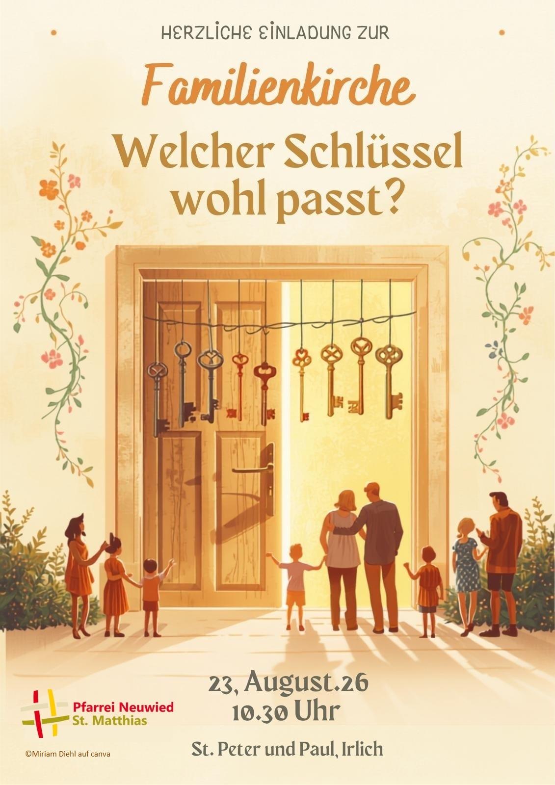 Das Plakat zeigt eine große zweiflügelige Tür, die zur Hälfte geöffnet ist. Neun verschiedene Schlüssel hängen vom Türsturz und neun Menschen vom Kind bis zum Erwachsenen mittleren Alters stehen vor dieser Tür.