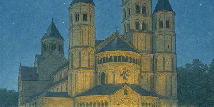 Das Plakat zeigt auf dunkelblauem Hintergrund die Zeichnung der Abtei Maria Laach bei Vollmond. Vier junge Menschen mit Rucksäcken auf dem Rücken sind auf dem Weg zum Eingang.