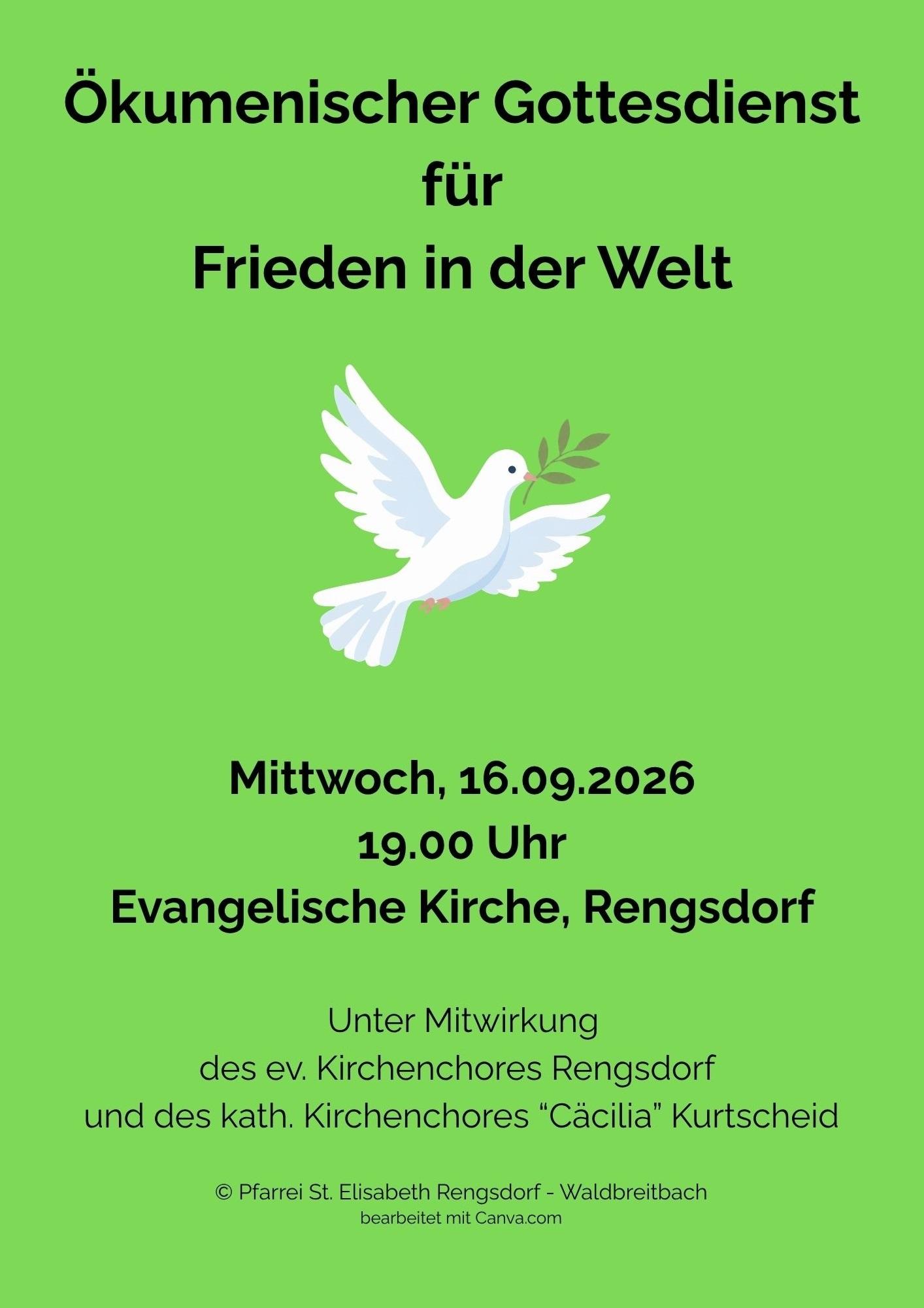 Das Plakat zeigt auf grünem Hintergrund neben den Informationen zum Gottesdienst die Grafik einer Friedenstaube.