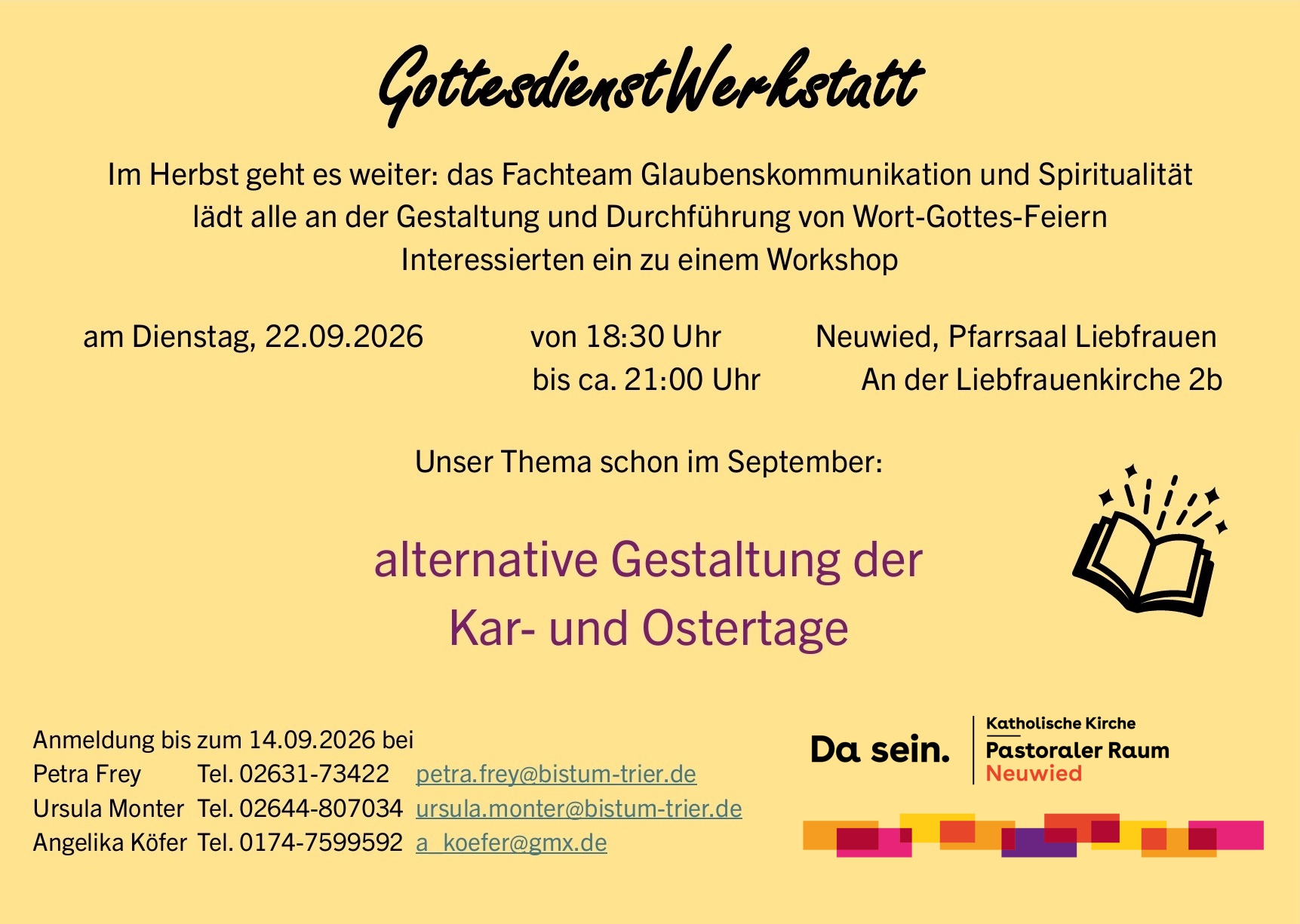Das Plakat zeigt die Informationen zur Veranstaltungen, auf gelbem Hintergrund.