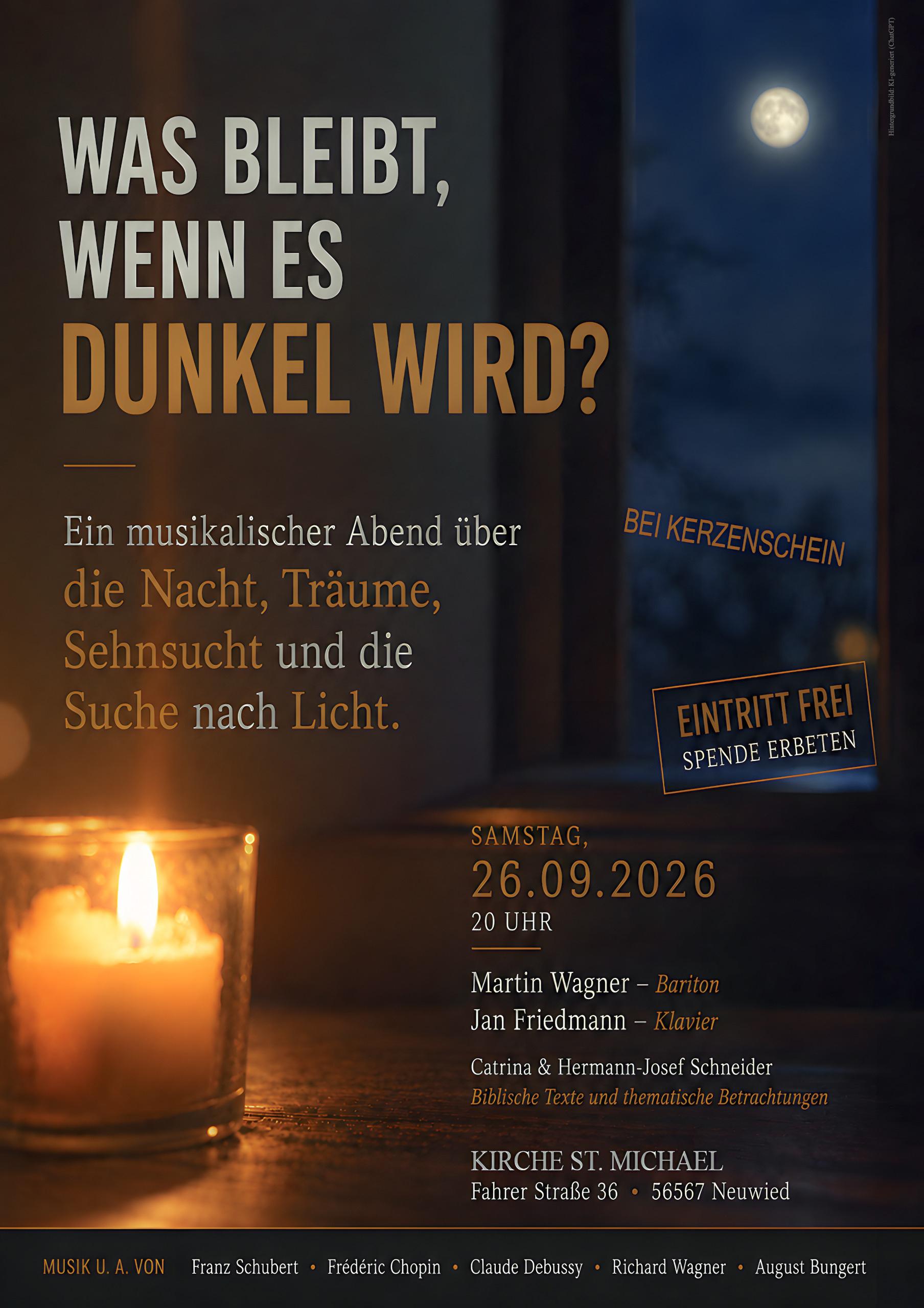musikalischer Abend in Neuwied: 26.09.2026 Das Hintergrundbild des Plakates zeigt eine brennende kleine Stumpenkerze im Glas, die vor einem Fenster steht, das den Blick auf den Vollmond freigibt.