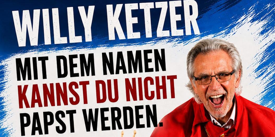 Das Plakat zeigt neben den Informationen zur Veranstaltungen Willy Ketzer, bekleidet mit einer roten Soutane, einem Dollar-Zeichen an einer goldenen Kette um den Hals und 5 Drumsticks in den Händen.