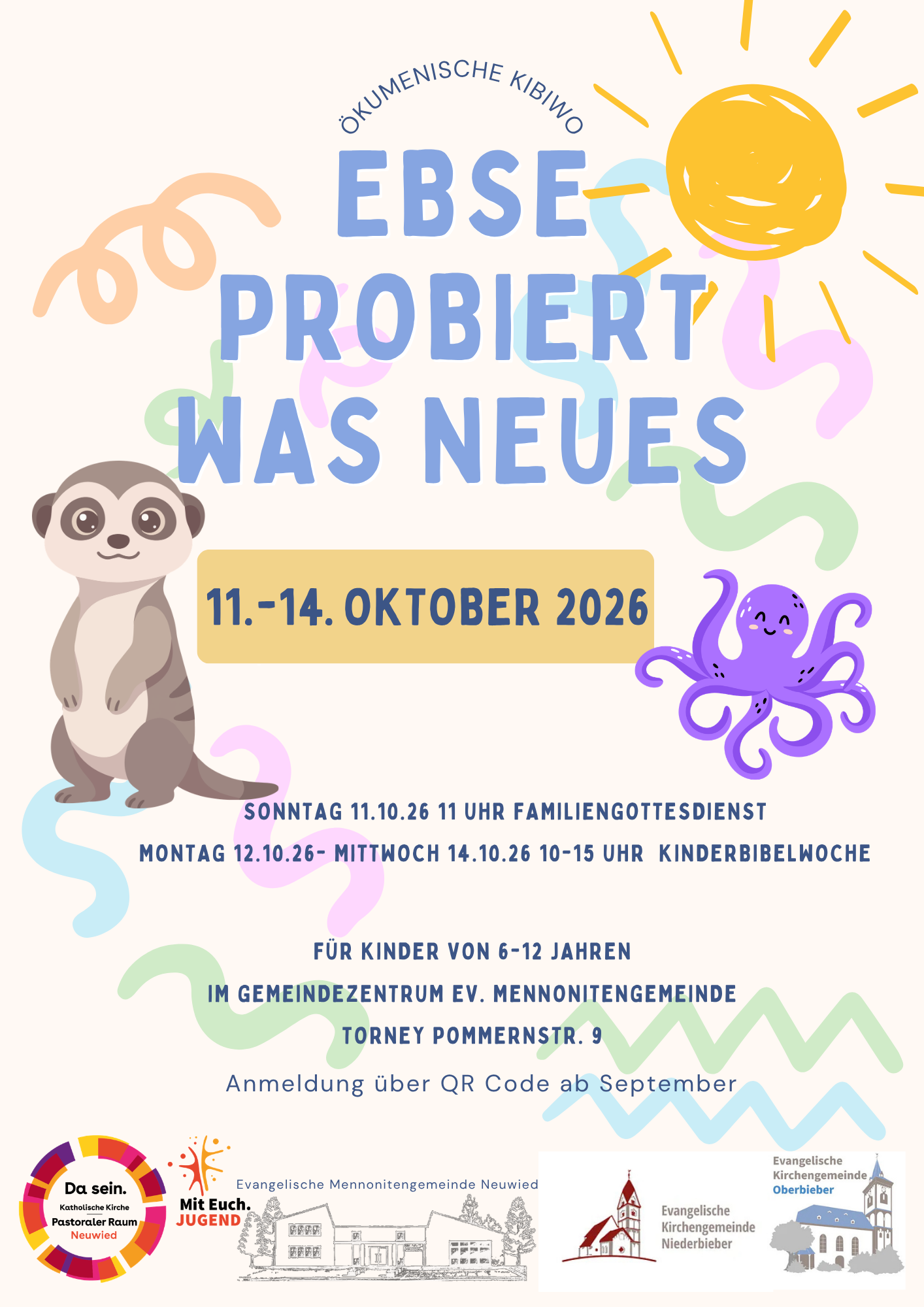 Das Plakat zeigt neben den Informationen zur Kinderbibelwoche verschiedene Grafiken: ein Erdmännchen, eine Sonne und eine violette Krake.