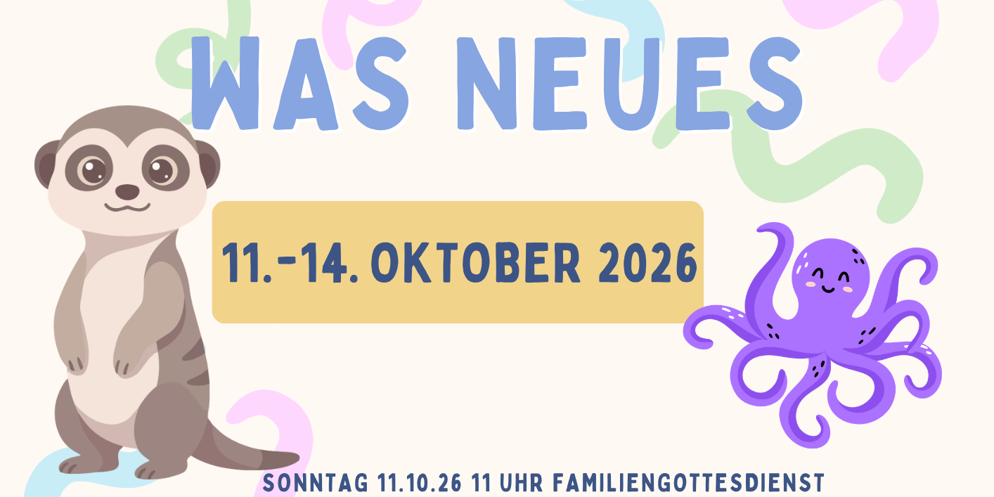 Das Plakat zeigt neben den Informationen zur Kinderbibelwoche verschiedene Grafiken: ein Erdmännchen, eine Sonne und eine violette Krake.