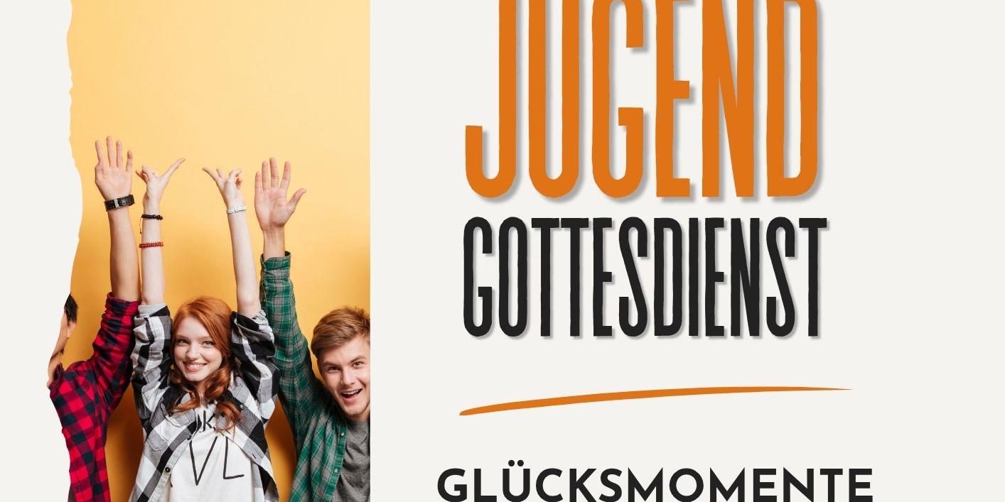 Das Plakat zeigt neben den Informationen zum Gottesdienst das Logo der Jugend im Pastoralen Raum Neuwied, ein Bild, das drei Jugendliche zeigt, die begeistert die Arme nach oben strecken, sowie ein orangefarbenes Glückskleeblatt.