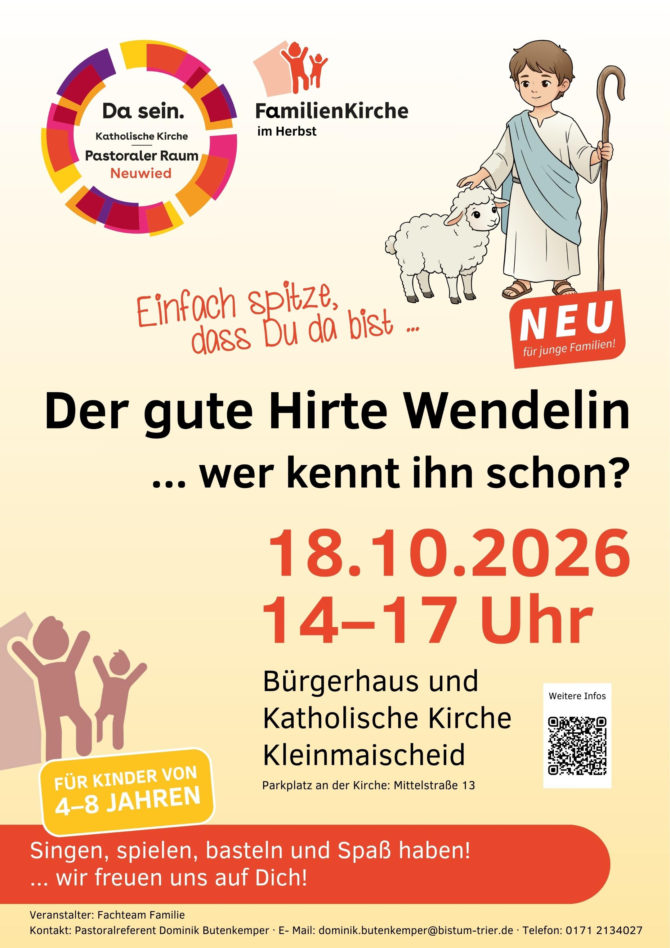 FamilienKirche: 18. Oktober 2026 (c) Pastoraler Raum Neuwied in CANVA Das Plakat zeigt neben den Informationen zur Veranstaltungen die Grafik eines Jungen in Hirtenkleidungg mit Krummstab, der eine Hand auf den Kopf eines Schafes legt.