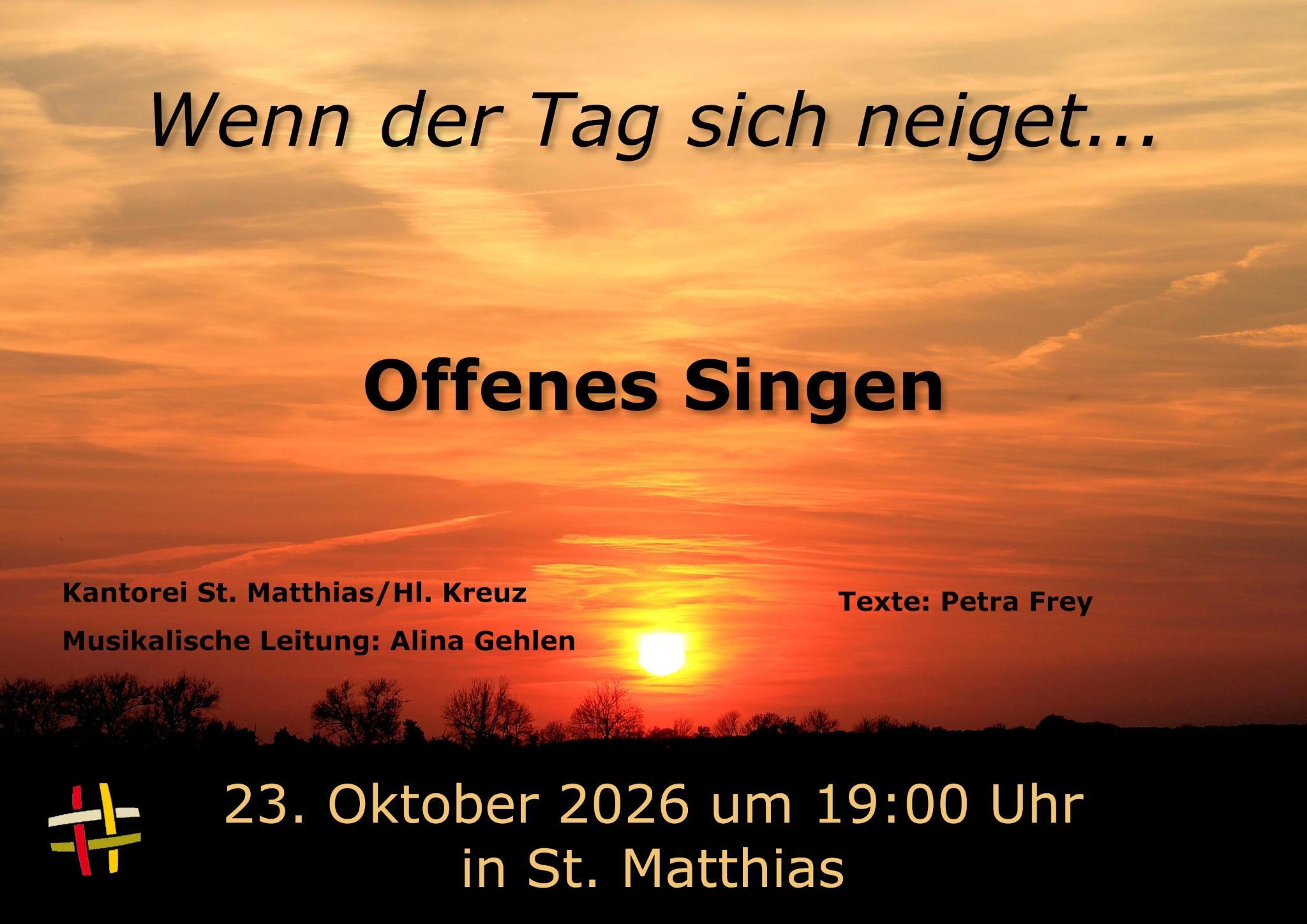 Das Plakat zeigt neben den Informationen zur Veranstaltungen das Bild eines Sonnenuntergangs über einem Feldrand, der mit Bäumen bestanden ist.