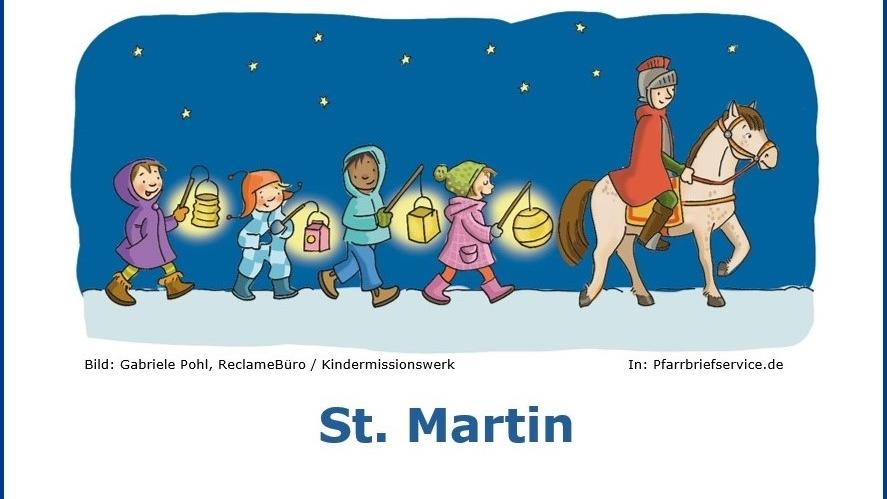 Das Plakat zeigt neben den Informationen zum Kindergottesdienst die bunte Grafik von vier warm angezogenen Kindern mit Laternen, die hinter Sankt Martin, der auf einem Pferd vorwegreitet, hinterherlaufen.